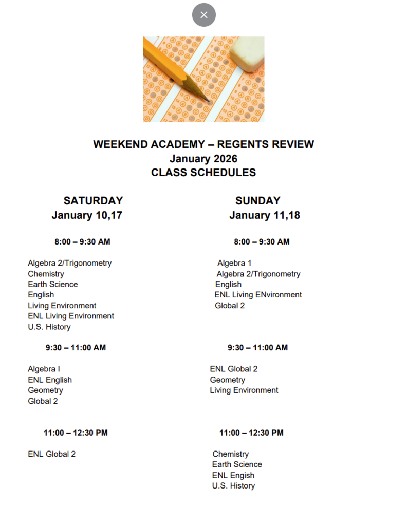 Weekend Academy - Regents Review Schedule - English