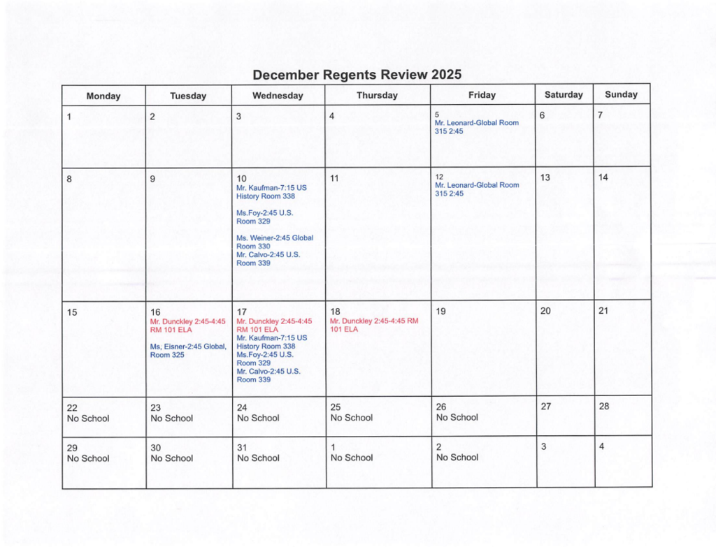LHS December Regents Review Schedule