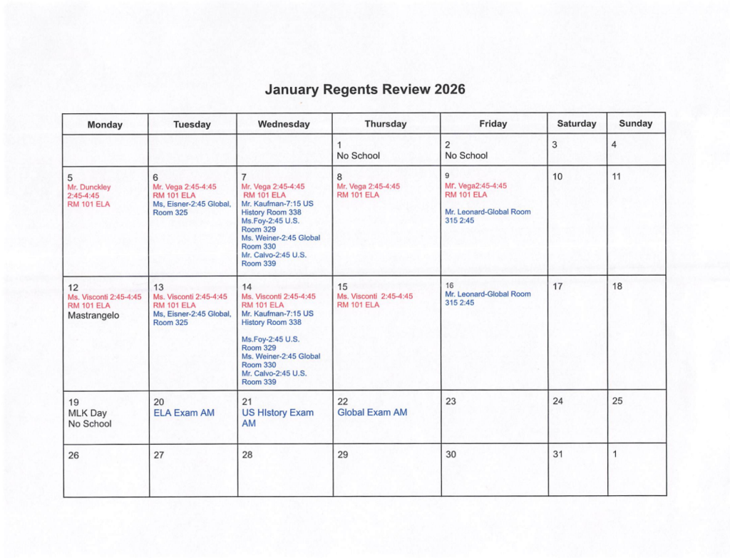 LHS January Regents Review Schedule