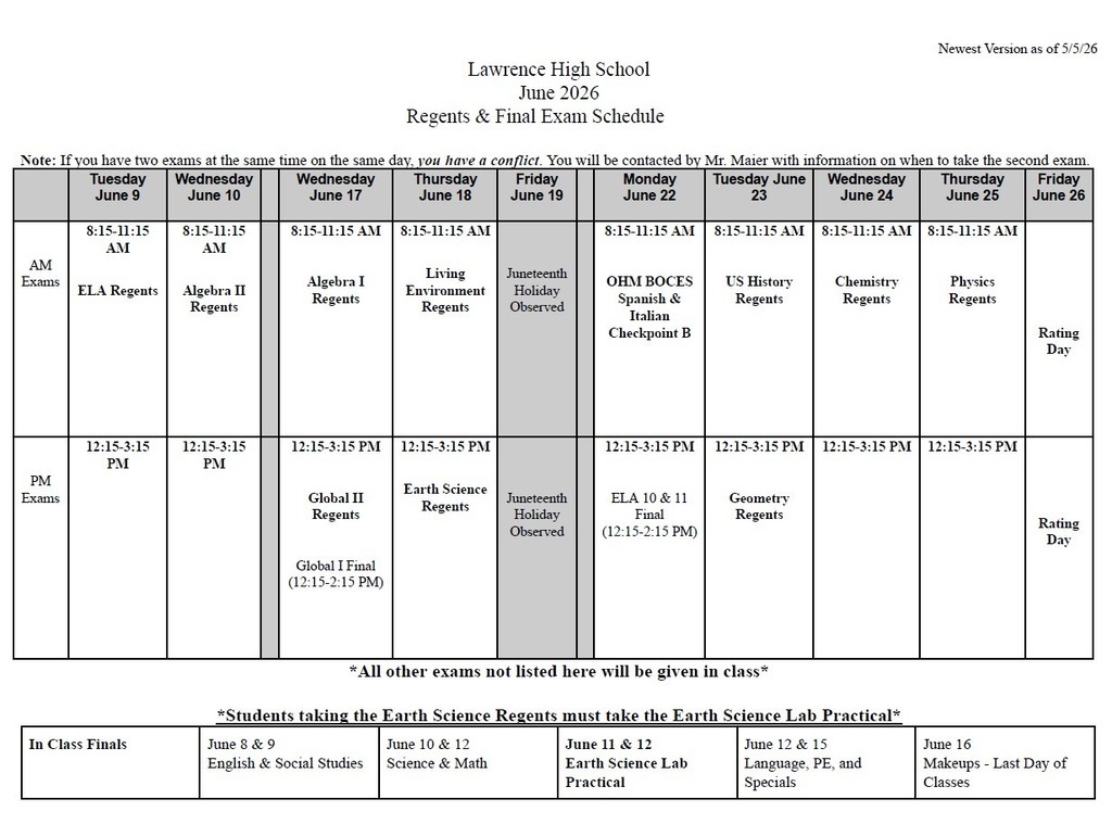 Regents and Finals Schedule