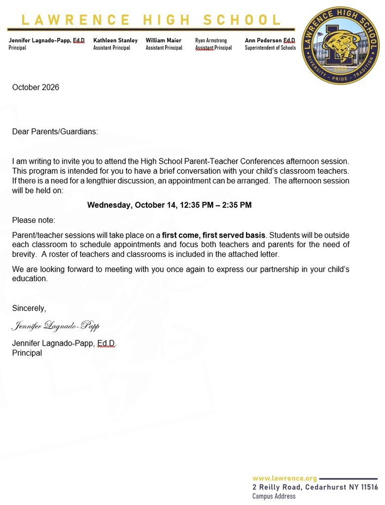 Parent Teacher Conferences October 14, 2026 from 12:35 pm - 2:35 pm