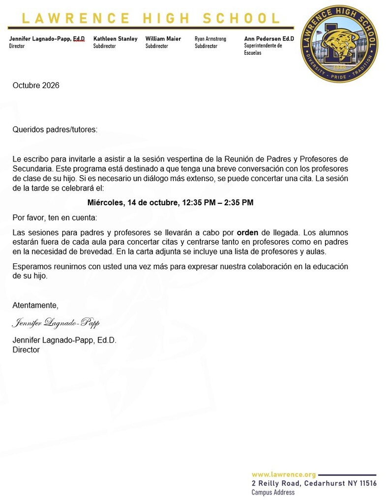 Conferencias de padres y maestros: 14 de octubre de 2026, de 12:35 p. m. a 2:35 p. m.