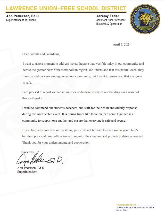 Superintendent Earthquake 2024 Letter