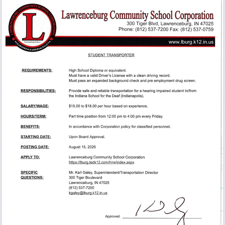 Student Transporter Position Vacancy