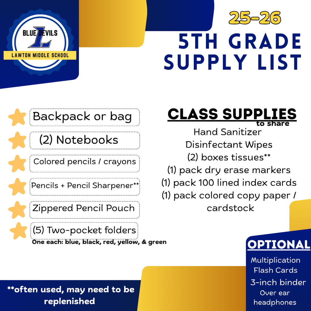 25–26 5th Grade Supply List for Lawton Middle School (Blue Devils). Personal supplies: Backpack or bag, (2) notebooks, colored pencils/crayons, pencils and pencil sharpener (note: may need to be replenished), zippered pencil pouch, (5) two-pocket folders (one each in blue, black, red, yellow, and green). Class supplies to share: hand sanitizer, disinfectant wipes, (2) boxes of tissues (note: may need to be replenished), (1) pack dry erase markers, (1) pack of 100 lined index cards, (1) pack colored copy paper or cardstock. Optional items: multiplication flash cards, 3-inch binder, over-ear headphones. School logo and colors (blue and gold) are included in the design."