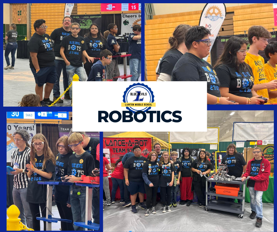 A four photo collage showcases LMS Robotics club in action. Students are pictured working on robots and in group photos smiling.