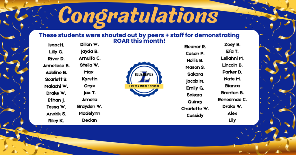 A graphic spotlighting students who demonstrated ROAR for the month of October. It is blue and gold with confetti.
