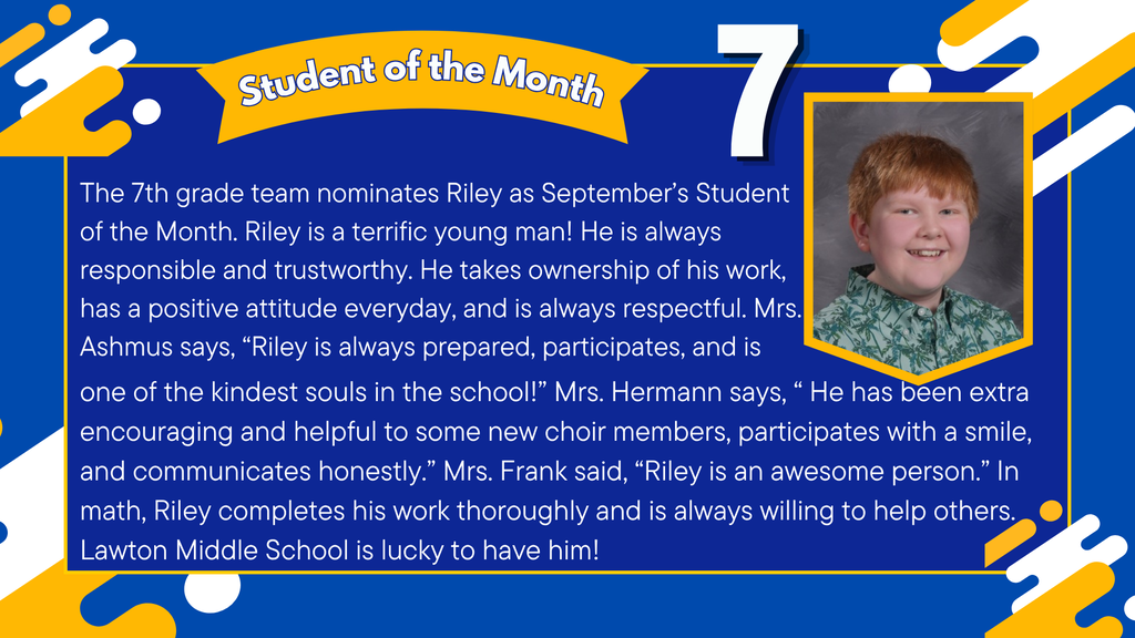 A spotlight for the 7th grade student of the month: Riley. The post outlines how Riley is terrific, demonstrating responsibility and trustworthiness.