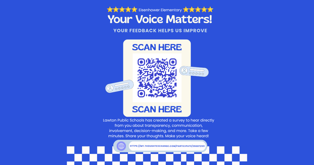 Blue and white poster with QR code saying "SCAN HERE." Invitation to complete a survey regarding transparency, communication, involvement, and more.