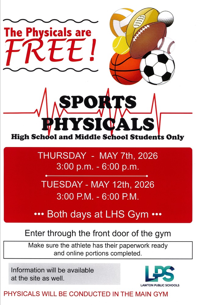 Sports physicals flyer: Free physicals for middle and high school students, including current 5th graders entering middle school, May 7 and May 12, 2026, from 3:00–6:00 p.m. at LHS Gym.