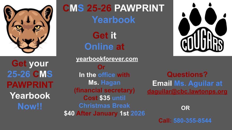 Pawprint yearbook info. Price is $35 until January 1st, then prices increase to $40.
