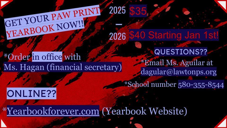 Pawprint yearbook info. Price is $35 until January 1st, then prices increase to $40.