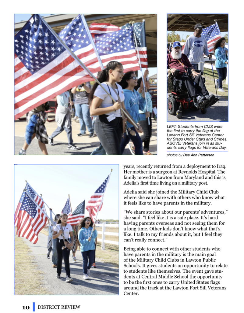An article about a military family. A woman holds an American flag. A group of children walks in a line.