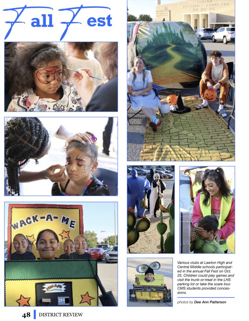 Collage of students with face paint, sitting on a yellow brick road, and a child in a costume.