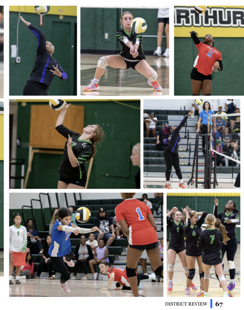 Multiple photos of a female volleyball team playing, leaping to hit the ball, and cheering.