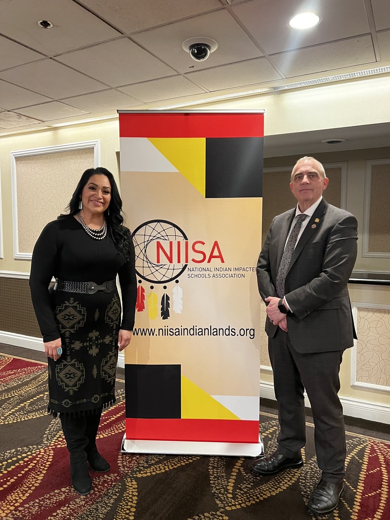 Two people in suits, one woman and one man, stand next to a banner with "NIISA" and website information.