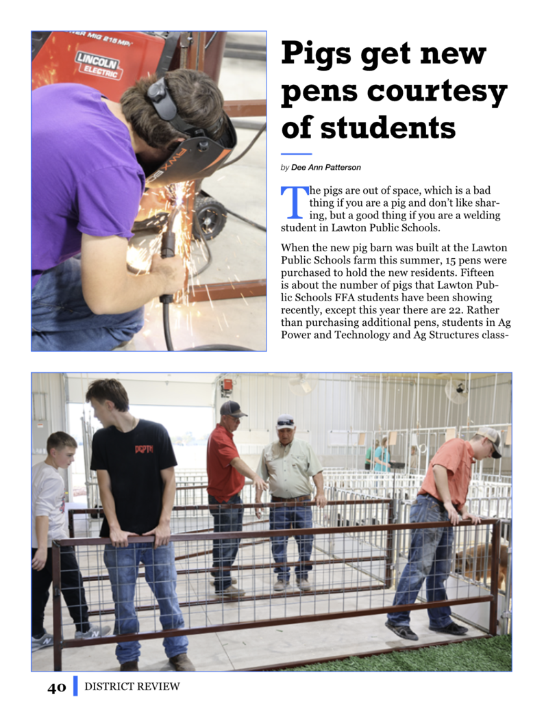 A text box on a page about students building pens for pigs. A man welding a metal gate. Several students building a pen.
