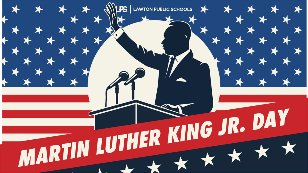 Black silhouette of a man at a podium with microphones. "Martin Luther King Jr. Day" written below. American flag background.