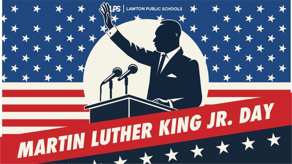 Silhouette of Martin Luther King Jr. giving a speech with podium and microphone. Background features American flag with white stars.