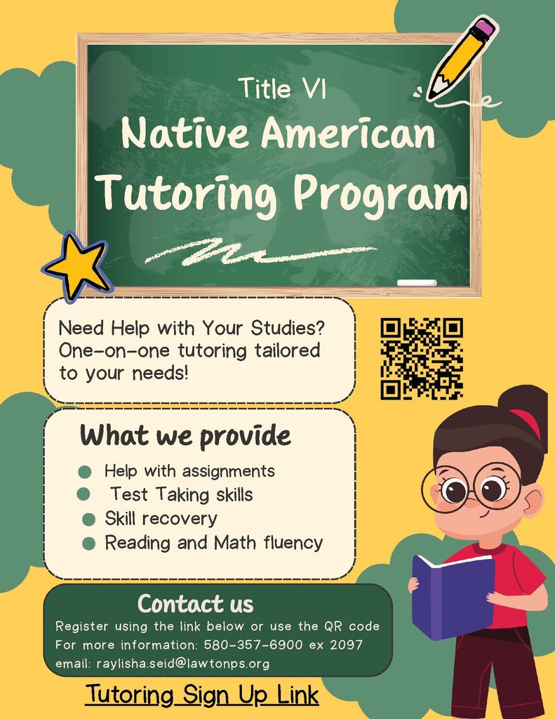 Flyer with title "Native American Tutoring Program". A cartoon of a girl with glasses holding a book. QR code on the flyer.