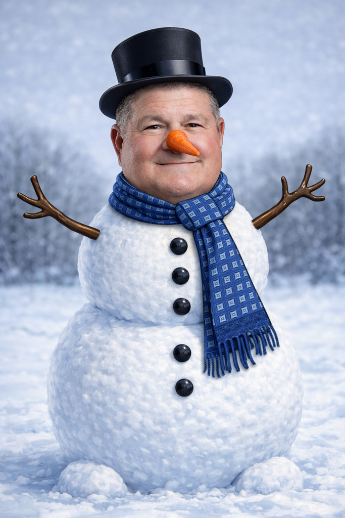 A snowman wearing a black top hat, blue scarf, and a face with a smile, nose, and eyes. The snowman stands in a snowy landscape.