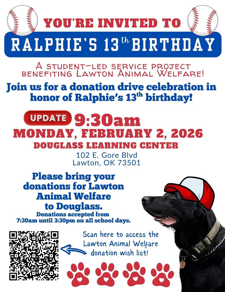 Invitation for Ralphie's 13th birthday, featuring a dog in a red cap. Event details include date, time, and location.