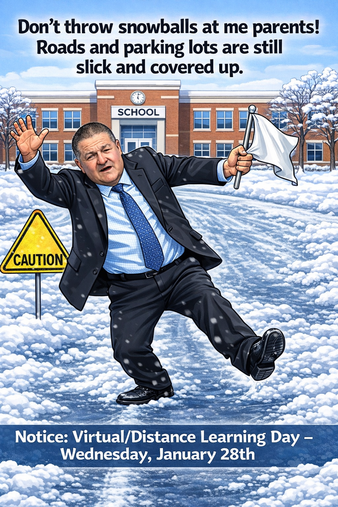 Cartoon of a man in formal wear jumping in snow with a school sign in the background. Text reads "Notice: Virtual/Distance Learning Day - Wednesday, January 28th."
