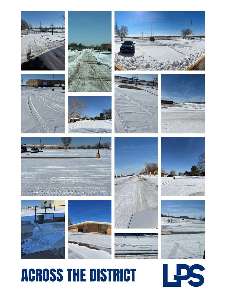 A grid of nine images of snowy roads, parking lots, and open areas. Text reads "Across the District" with "LPS" logo.