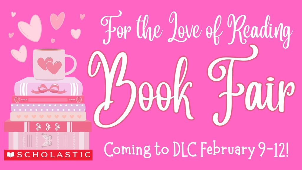 Pink background with "For the Love of Reading Book Fair" text. A stack of books with hearts and a cup on top.