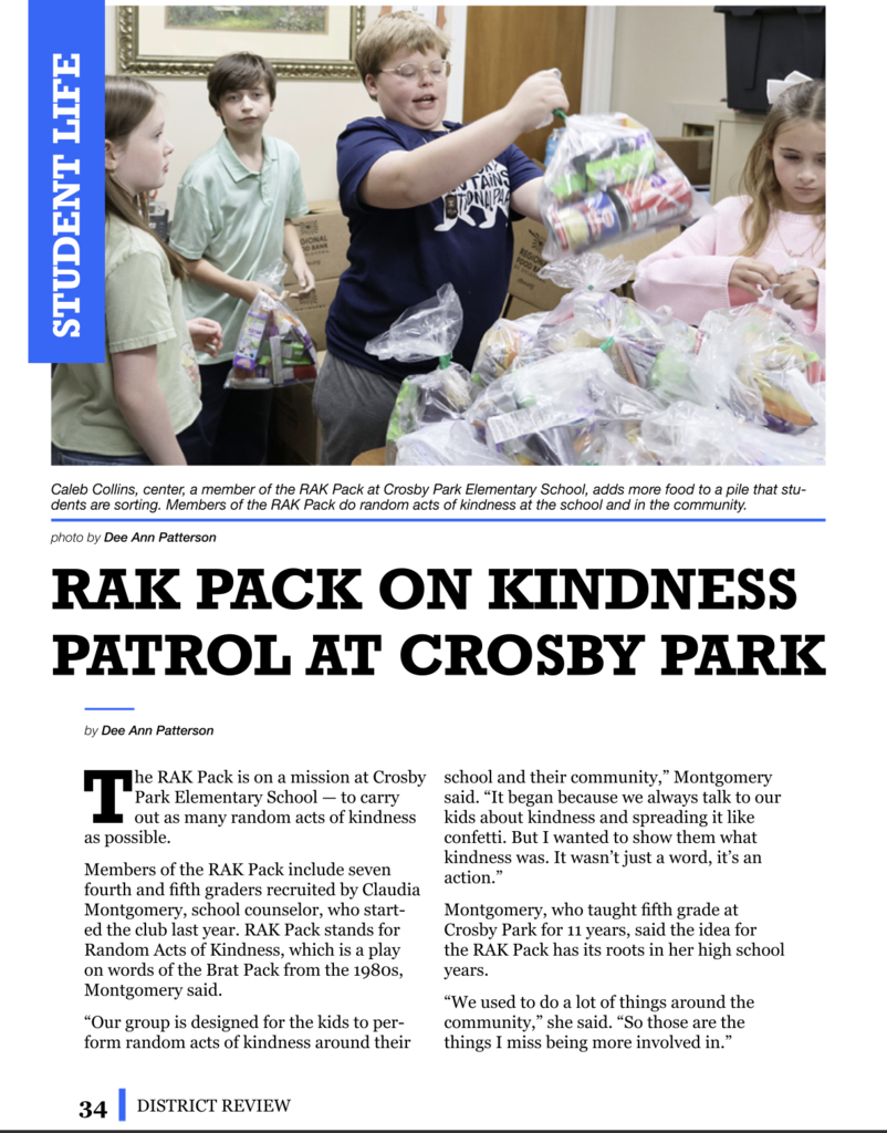 Children holding bags of food in a school setting, with text about a school's kindness initiative.