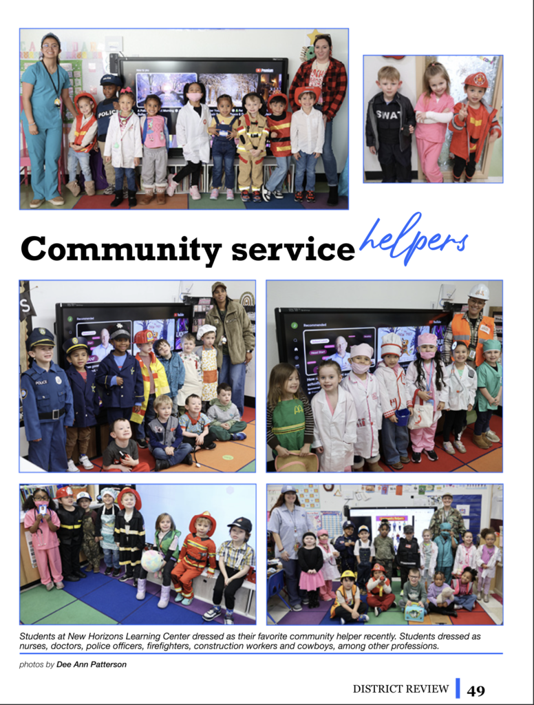 Multiple images of young children dressed in various community service roles. The photos include firefighters, police, nurses, and cowboys.