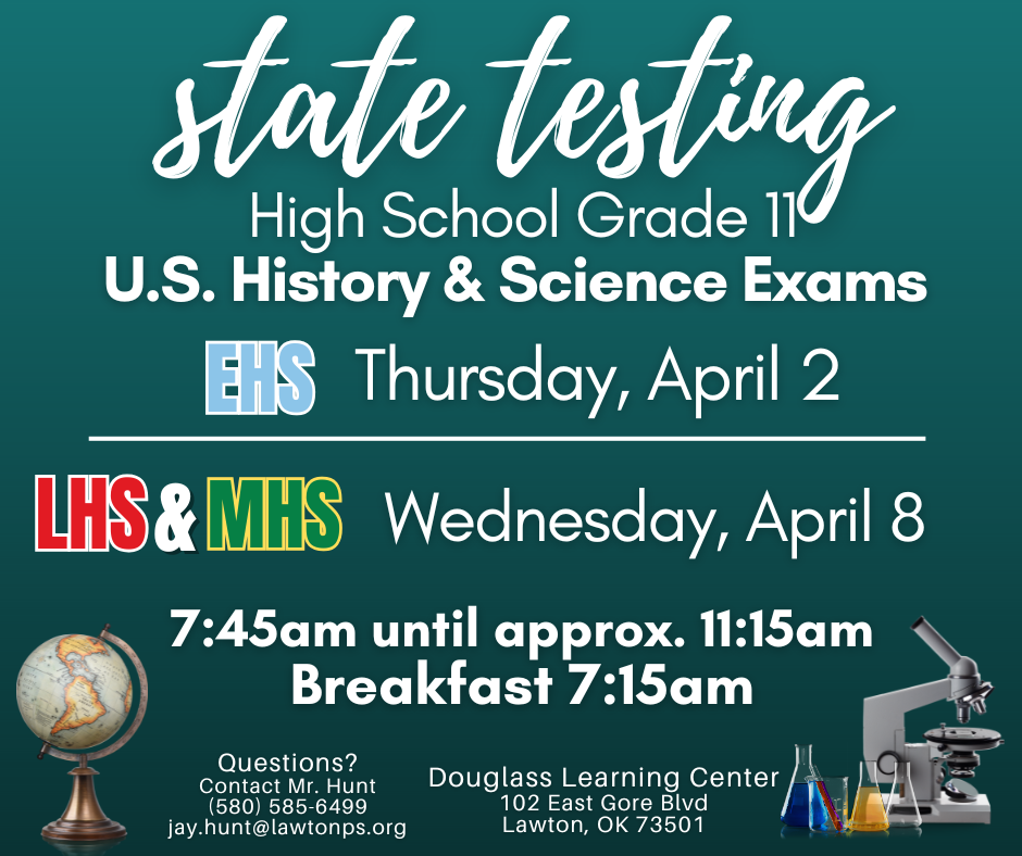 Advertisement for state testing on green background. Two exam dates listed: Thursday, April 2, and Wednesday, April 8. Breakfast available.