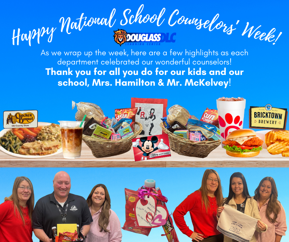 Banner with text and photo. A table displays various food items, drinks, and gift boxes. People are posing with gifts.