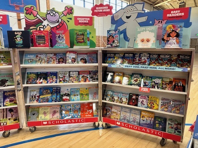 Two shelves with children's books on wheels. Colorful books and animated characters on display. Wooden floor.