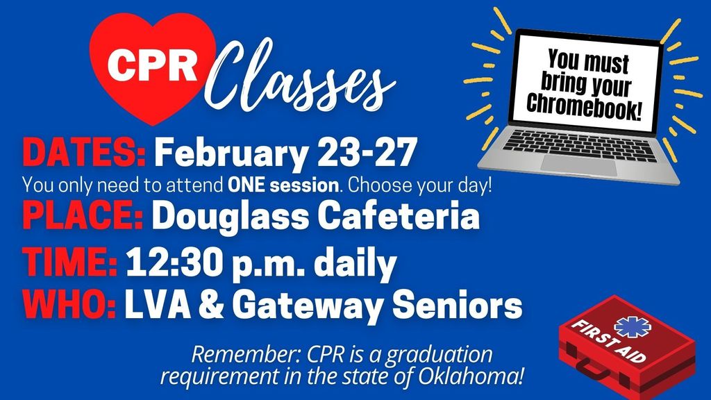 An advertisement for CPR classes displays dates, location, and time. Laptop and first aid kit are also visible.