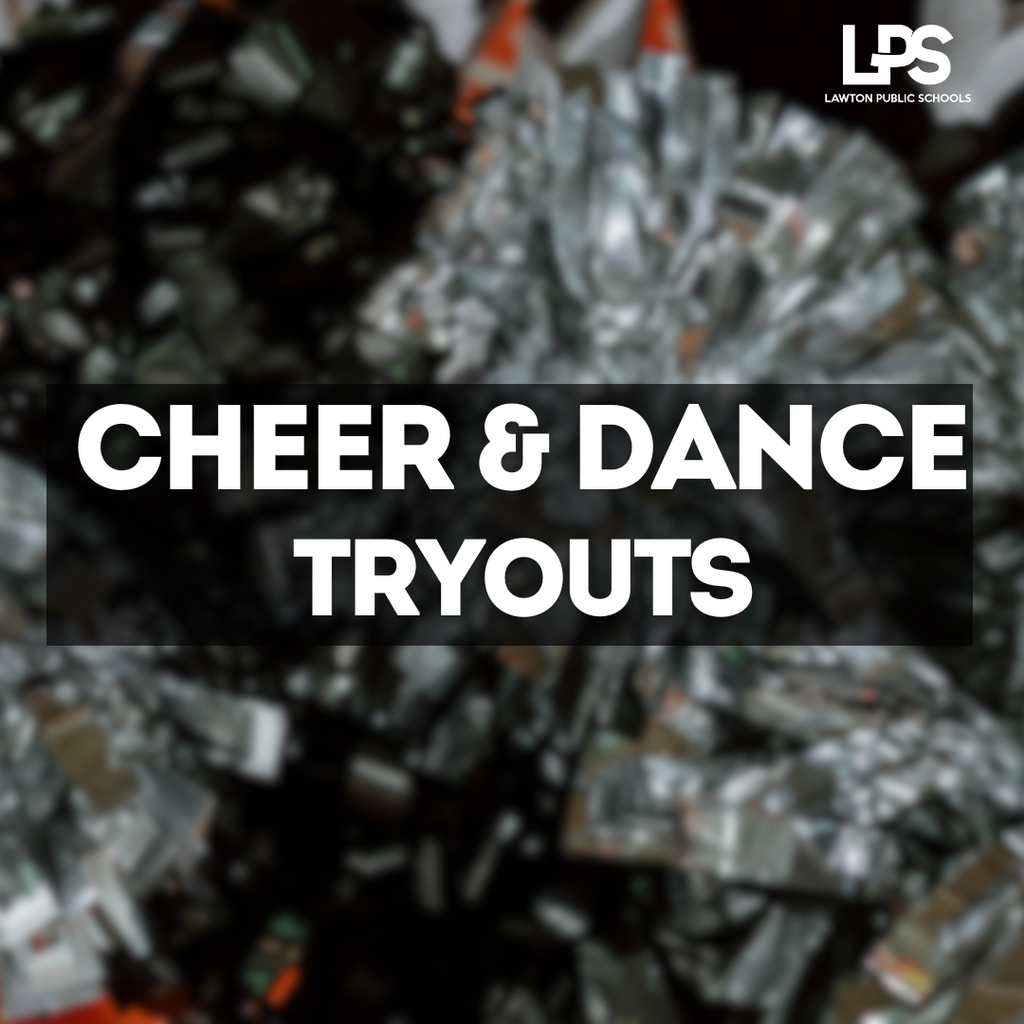 A graphic displays "CHEER & DANCE TRYOUTS" over a background of metallic foil. "LPS" appears in the top right corner.