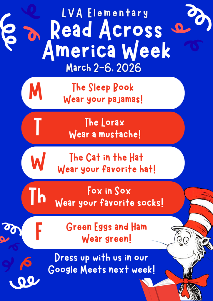Blue poster for Read Across America Week, March 2-6, 2026. Cat in the Hat character on right. Pajamas, mustache, hat, socks, and green items listed.