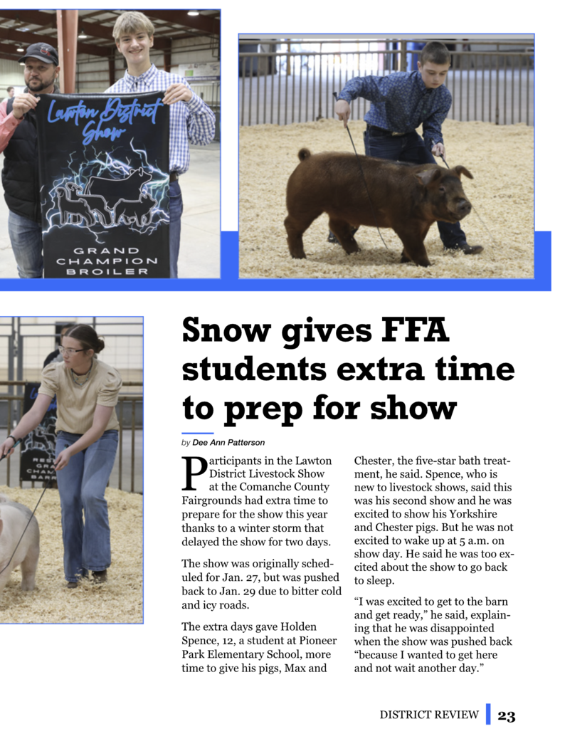 A magazine page shows a boy with a pig and another leading a pig, text reads "Snow gives FFA students extra time to prep for show."