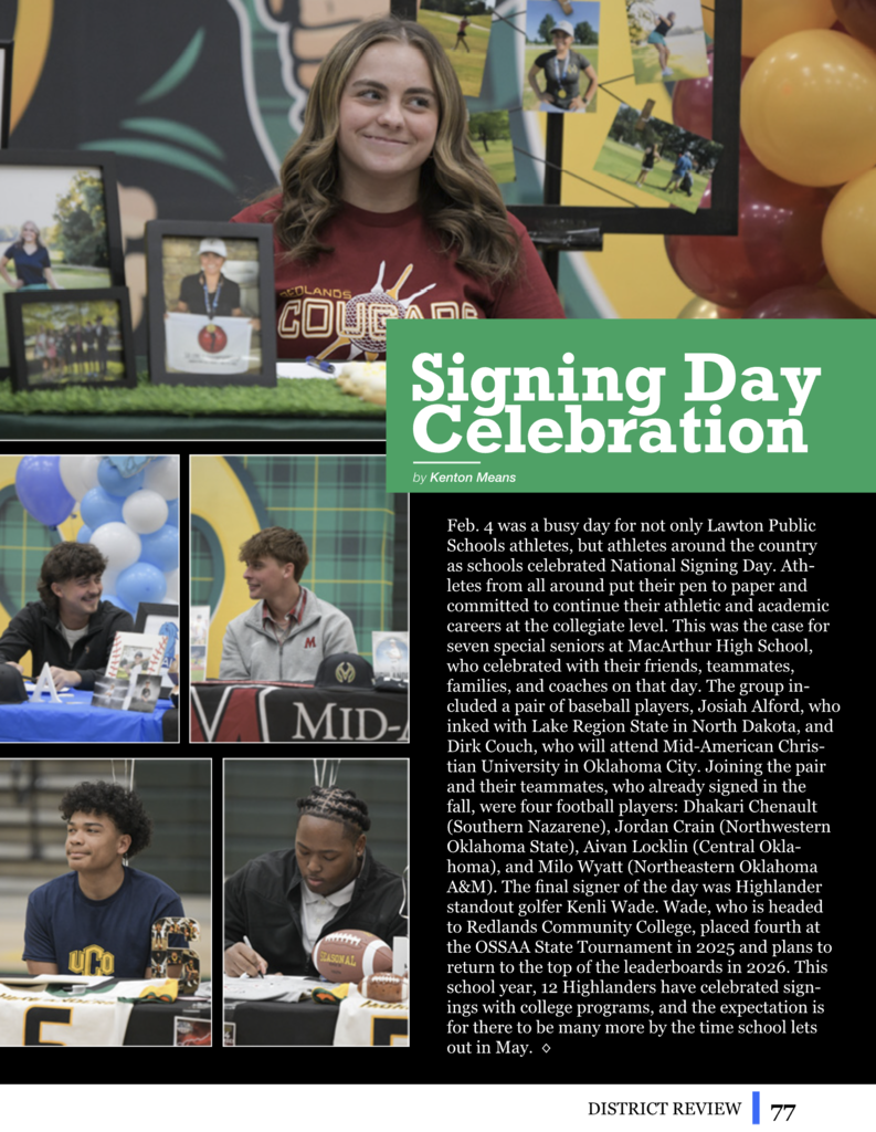 Four students at Macarthur High School signing for college. One woman holds a pen, another two men are signing.