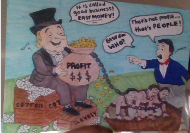 A cartoon shows a man with a top hat holding a bag of gold. He sits on a cotton bale.