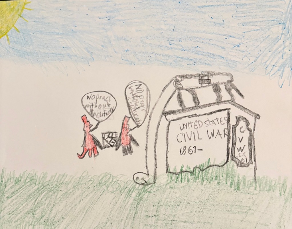 A drawing with a small house labeled "United States Civil War 1861–1865" shows two red figures holding signs with the words "Abolition" and "Slavery" near a sun.