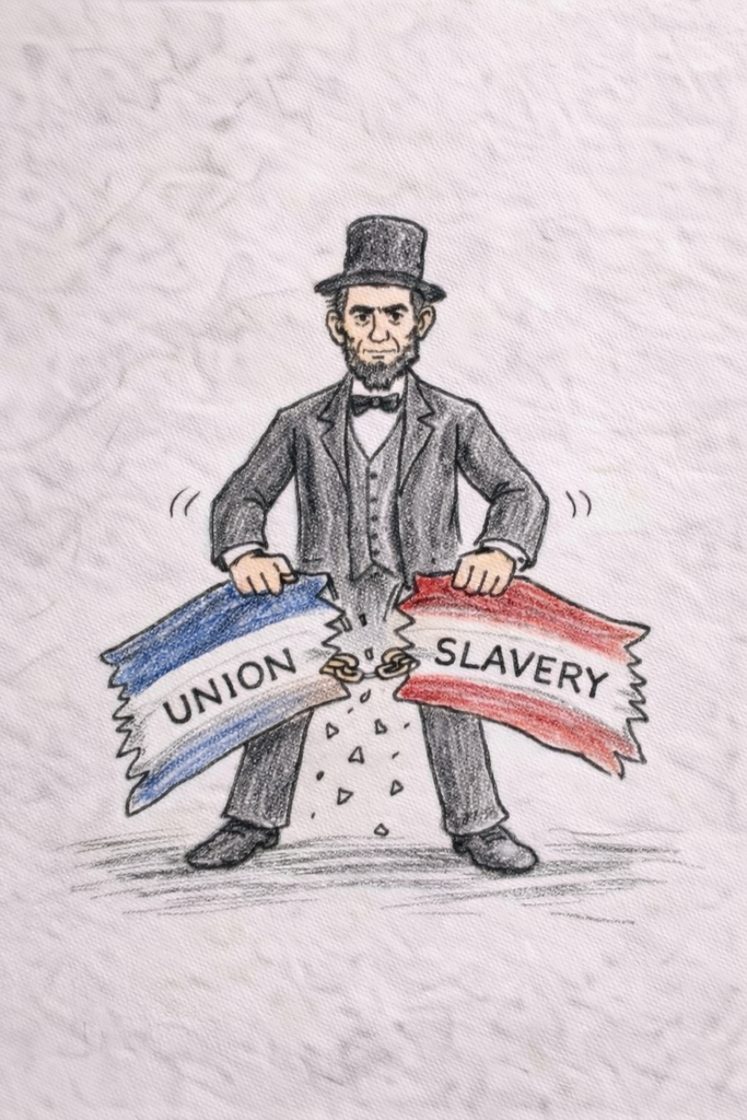 Drawing depicts Abraham Lincoln breaking a banner labeled "Slavery" while holding a banner labeled "Union".