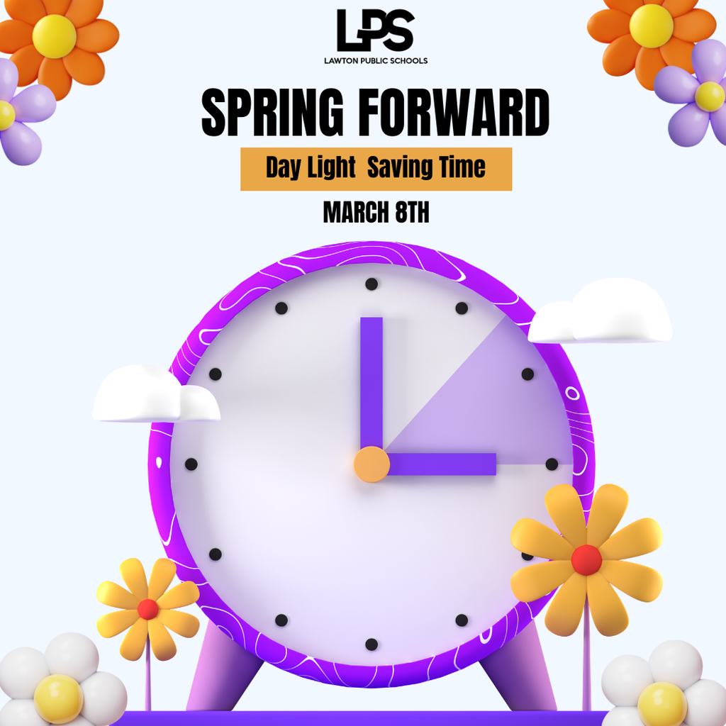 Purple clock on a base with flowers. Text reads "Spring Forward, Day Light Saving Time, March 8th."
