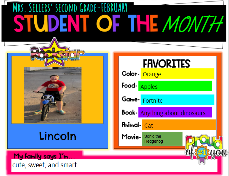 A colorful certificate with a photo of a boy riding a bike, a list of his favorites, and a message.