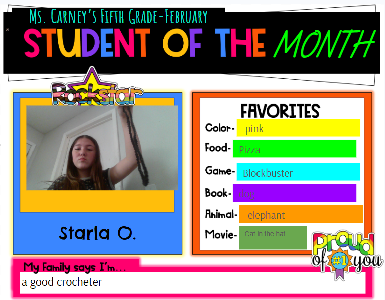 A colorful graphic displays a student's favorite items. It includes a photo of a girl, favorite color "pink," food, game "Blockbuster," book, animal "elephant," and movie.