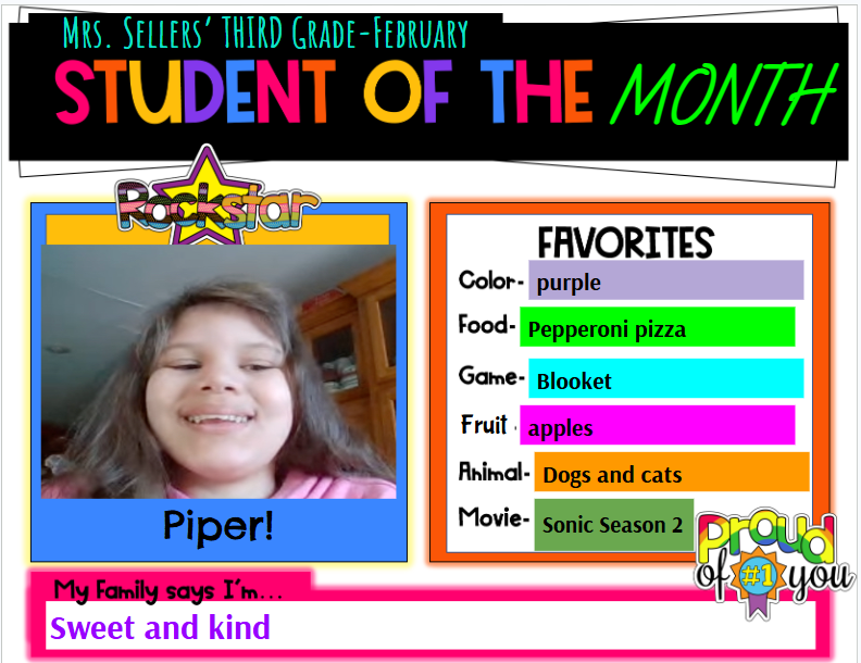 A colorful graphic highlights Piper's student of the month recognition. It features Piper's photo, favorite color (purple), food (pepperoni pizza), game (Blooket), fruit (apples), animal (dogs and cats), and movie (Sonic Season 2).