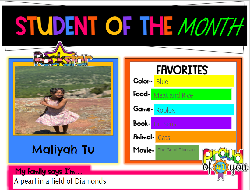 A child in a pink dress stands on a sandy ground. Text reads "Student of the Month" with personal favorites listed.