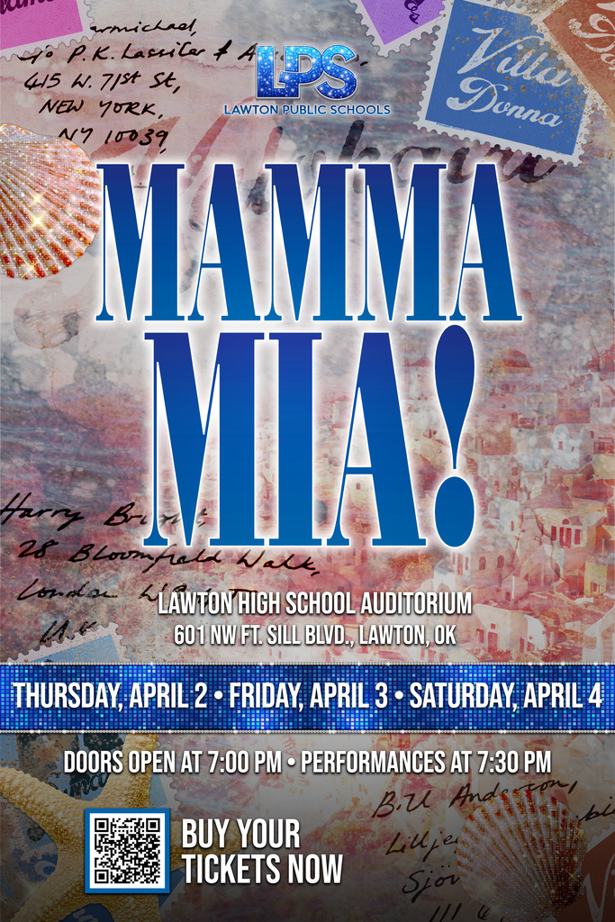 A poster with a colorful background featuring shells and stamps. It reads "MAMMA MIA!" with dates and times for performances.