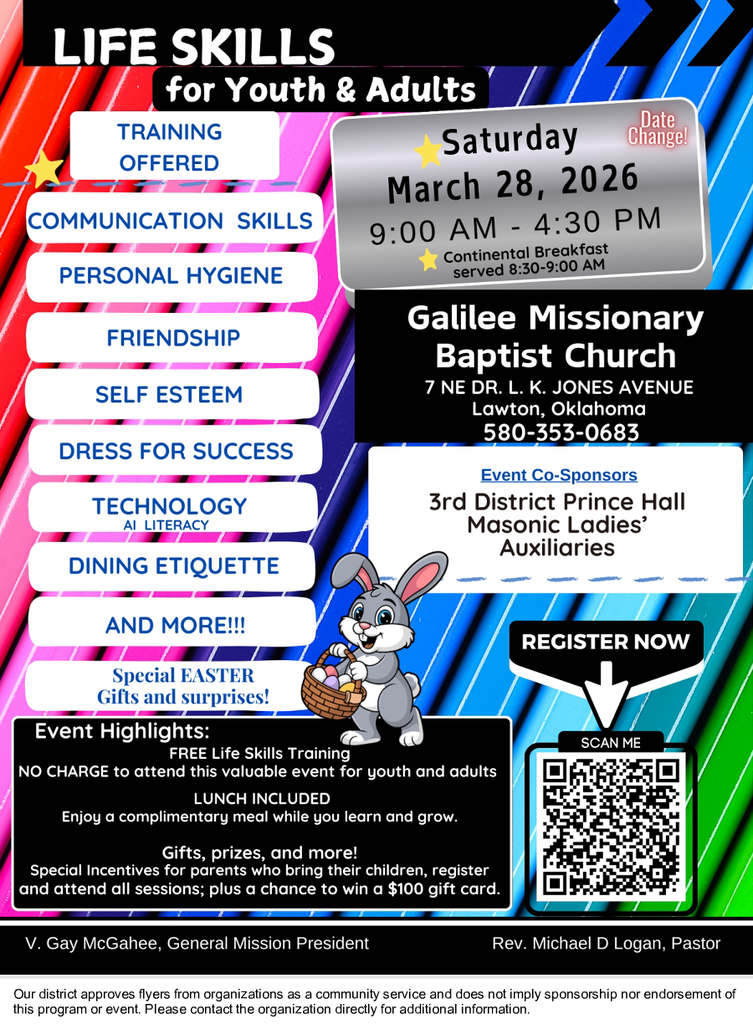 Bright poster with a rabbit. Sections for skills training, topics, and event details. QR code present. Date and time for Saturday, March 28, 2026, 9:00 AM to 4:30 PM.