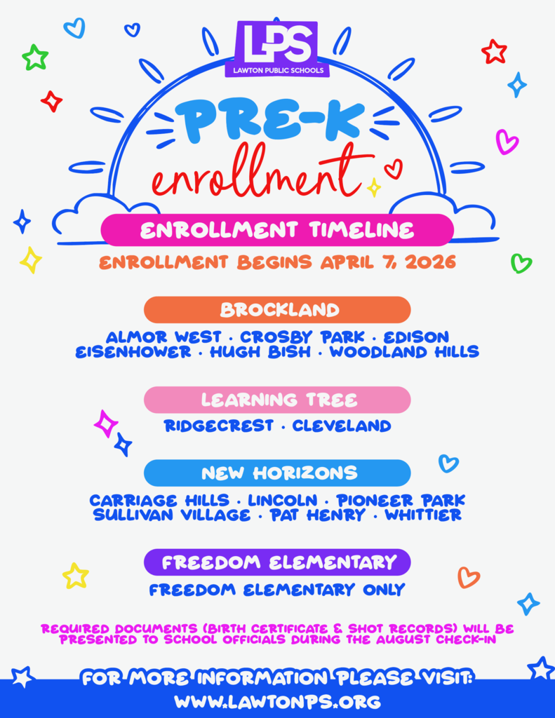 A colorful poster displays a timeline for preschool enrollment, starting April 7, 2026. Various schools are listed with icons and stars.
